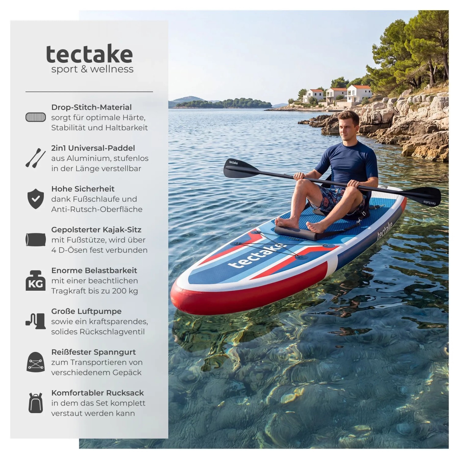 Mann paddelt auf rotem, blauem Tectake Stand Up Paddle Board mit Kajaksitz im Meer. Aufblasbares SUP für Wassersport.