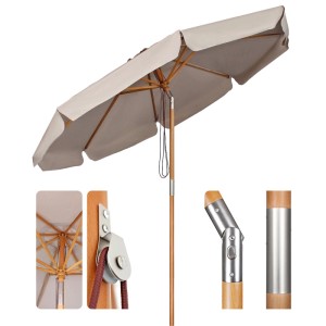 Sekey Holz Sonnenschirm, 300cm, knickbar, taupe/creme, mit Details zu Knickfunktion und Seilzugsystem.