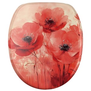 SANILO WC-Sitz Poppy mit Absenkautomatik, Toilettendeckel aus Holz mit Mohnblumen-Motiv.