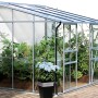Anlehn-Gewächshaus Ida 5200 Smaragd mit Pflanzen und blauer Hortensie im Topf.