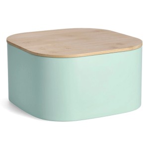 Quadratischer, mintfarbener Zeller Brotkasten aus Metall mit Bambusdeckel.
