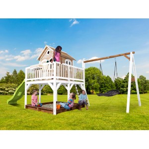 Axi Liam Spielhaus mit Roxy Nestschaukel, braun-weiß mit lindgrüner Rutsche, für Kinder zum Spielen im Garten.