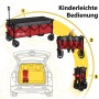 Sekey Bollerwagen XXXL, rot, faltbar. Gezeigt: Aufgebaut, halb gefaltet, komplett gefaltet im Kofferraum.
