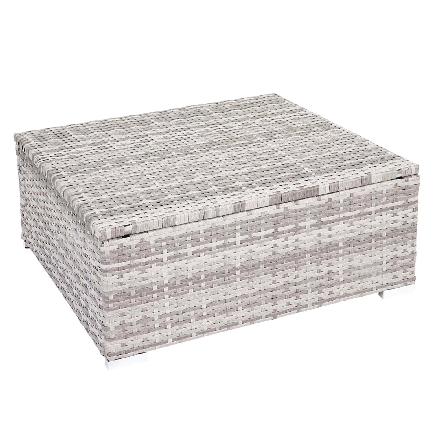 Detailansicht: Tisch der grauen Poly-Rattan Lounge-Garnitur Busto mit creme-farbenen Kissen.