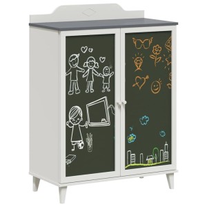 Grau-weißes Sideboard mit Kreidetafel-Türen, Stauraum und Regalen. Holzwerkstoff Schrank für kreative Nutzung.