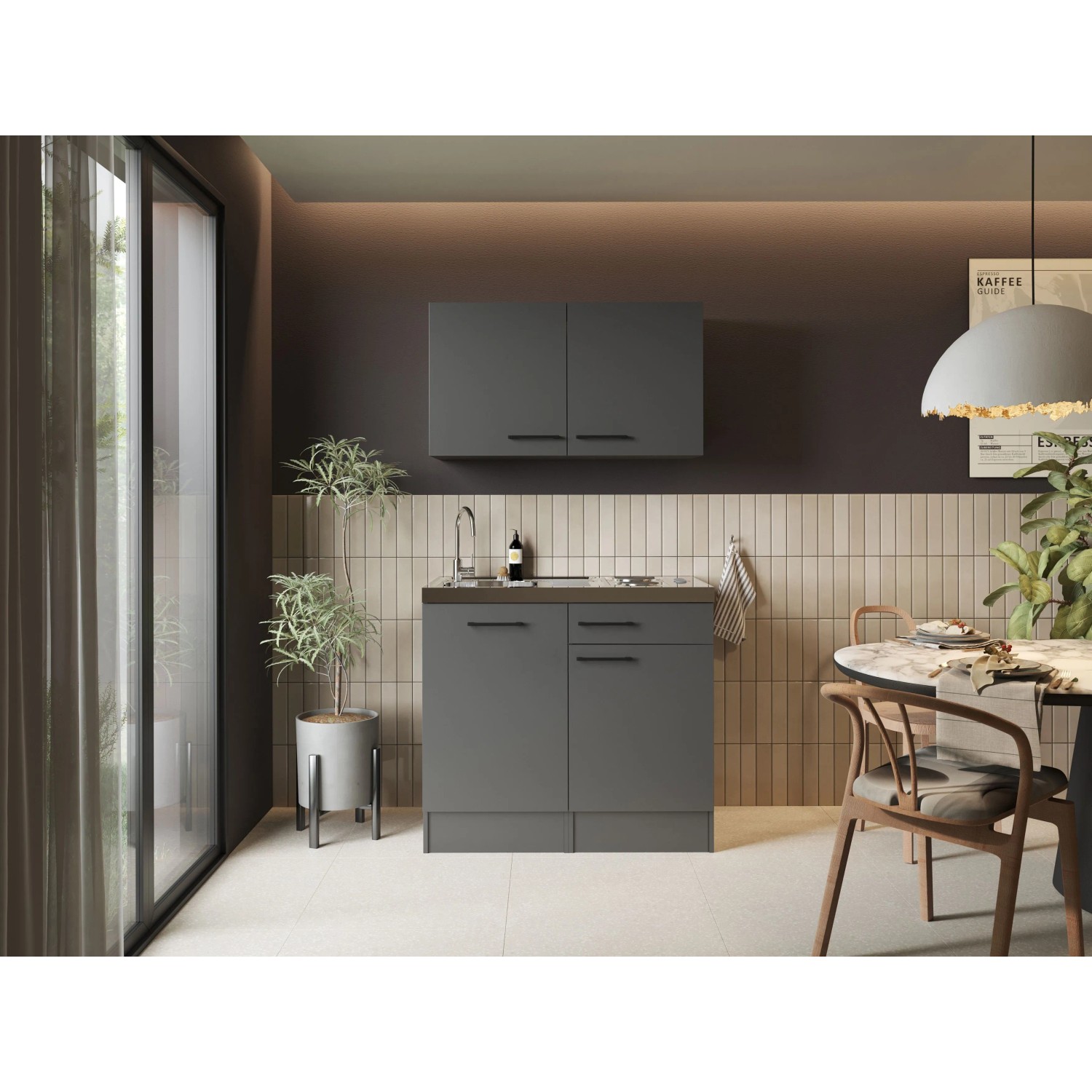 Respekta Pantryküche Oliver Set 100 cm Mit Massekochfeld Grau Matt