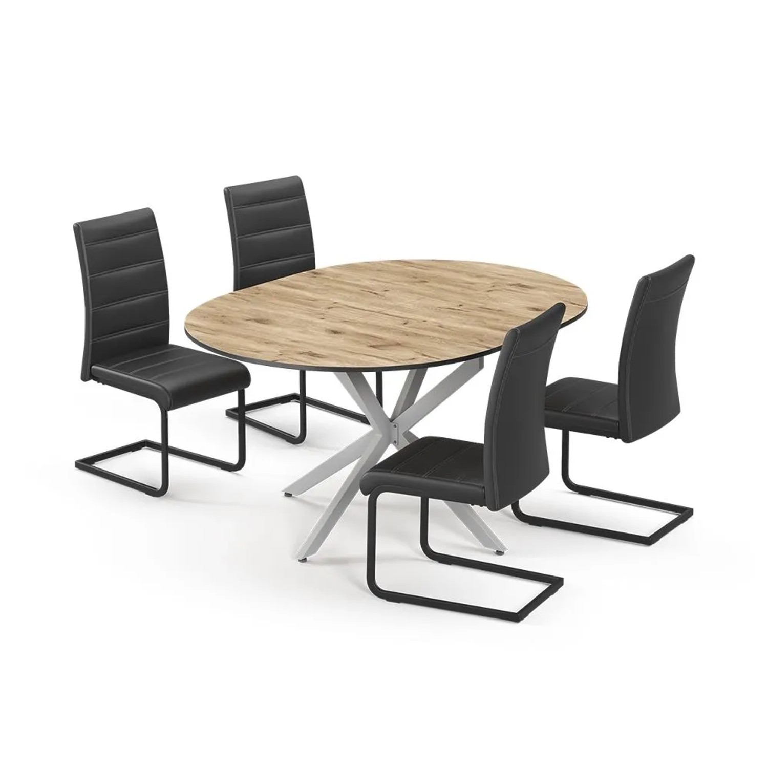 Vicco Esstisch-Set Loyd Eiche rustikal/Grau 120 x 77 mit 4 Esszimmerstühlen Schwarz Art Nr 63006