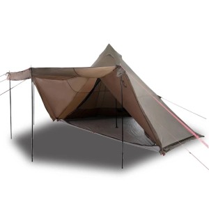 Braunes Tipi-Zelt für 8 Personen von vidaXL, mit geöffnetem Eingang und Sonnendach.