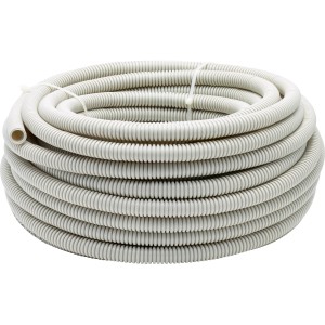Hellgraues Isolierrohr EN 16, 25 m, flexibel für Aufputzmontage. Gerilltes Flexrohr für Leitungen.