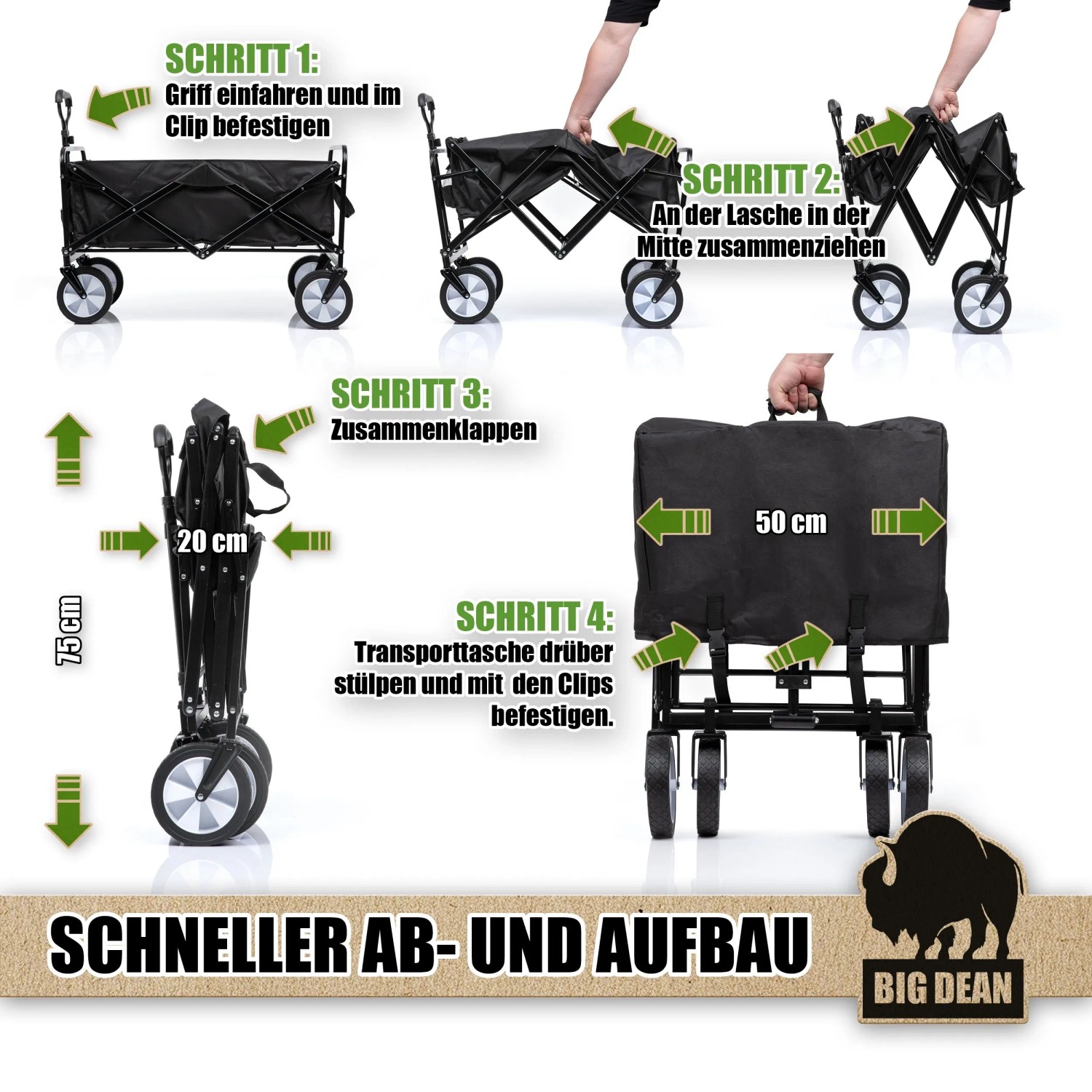 Faltbarer BigDean Bollerwagen, Aufbau in vier Schritten erklärt, ideal für Camping und Ausflüge.