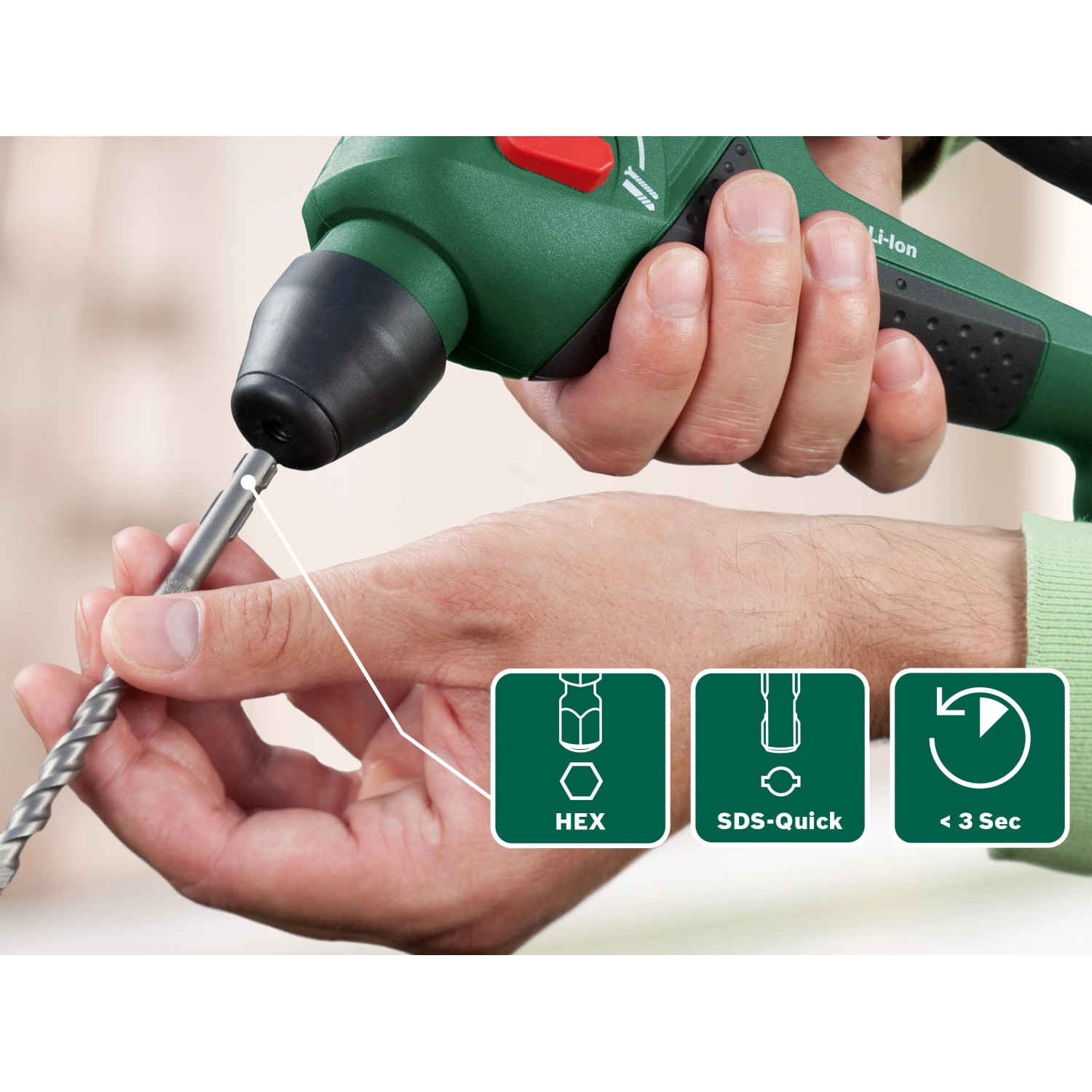 Bosch Uneo Maxx Akku-Bohrhammer mit Bohrer im Detail, SDS-Systembohrfutter.