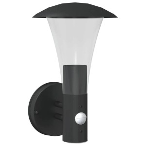 Schwarze Edelstahl Außenwandleuchte mit klarem Diffusor und Bewegungsmelder für Garten & Eingangsbereich.