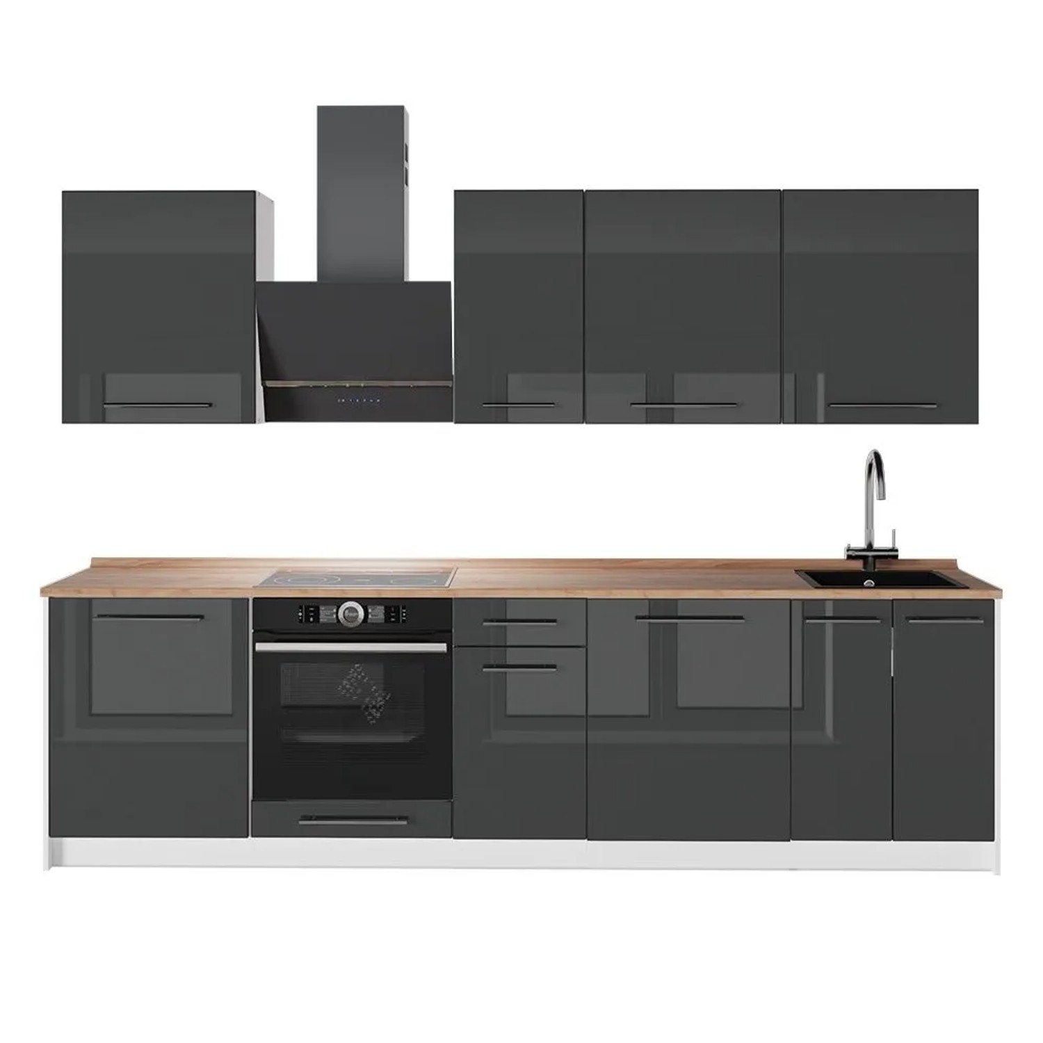 Vicco Küchenzeile Fame-Line Anthrazit Hochglanz/Weiß 280 x 82 AP Eiche Art Nr 64221