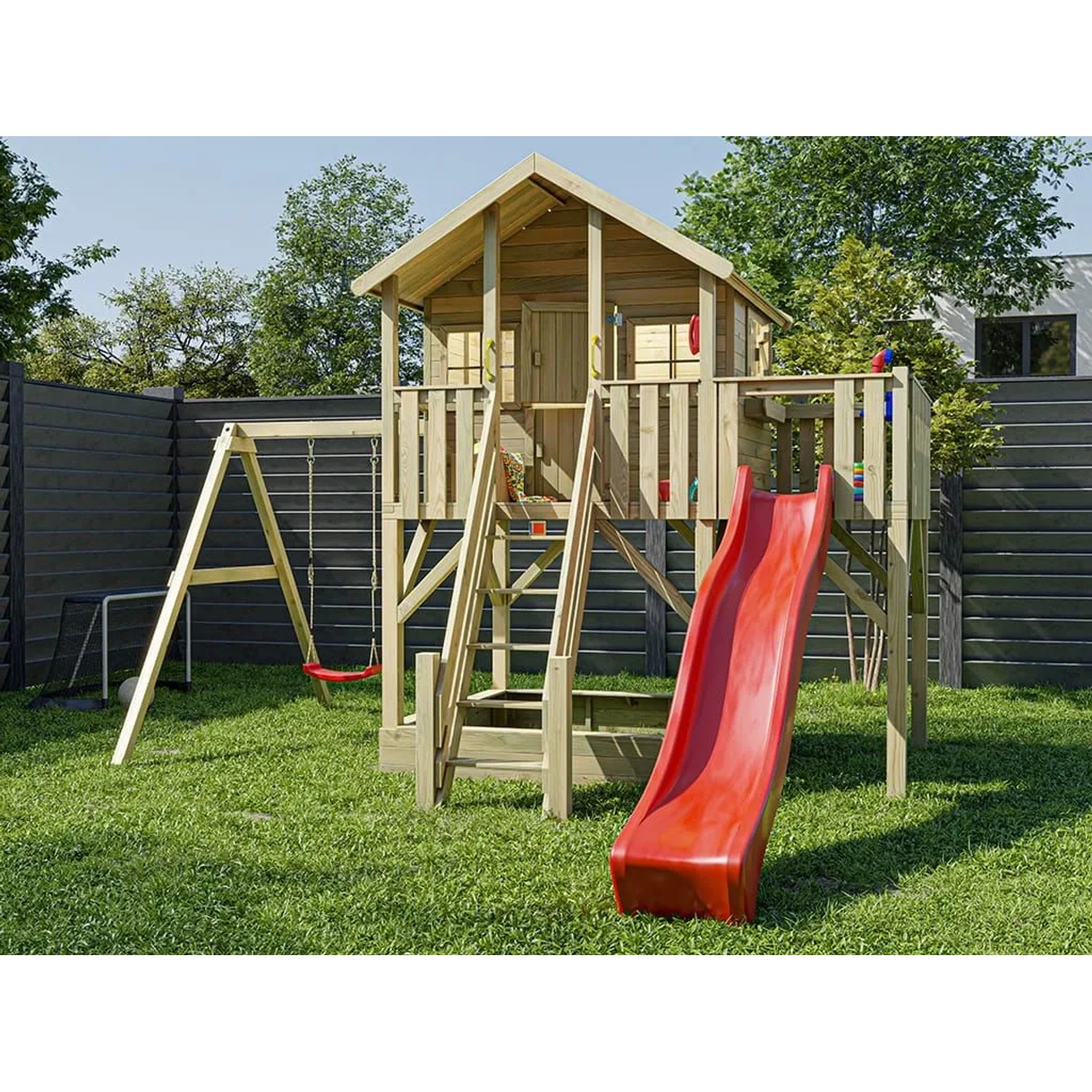 Prestige Garden Stelzenhaus Big House XL KDI Inklusive Einzelschaukel und Rutsche Rot