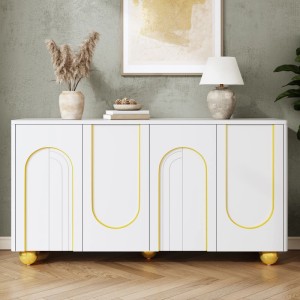 Weißes Sideboard mit 4 Türen, goldenen Bogenlinien und kugelförmigen Metallfüßen. Eleganter Wohnzimmerschrank.