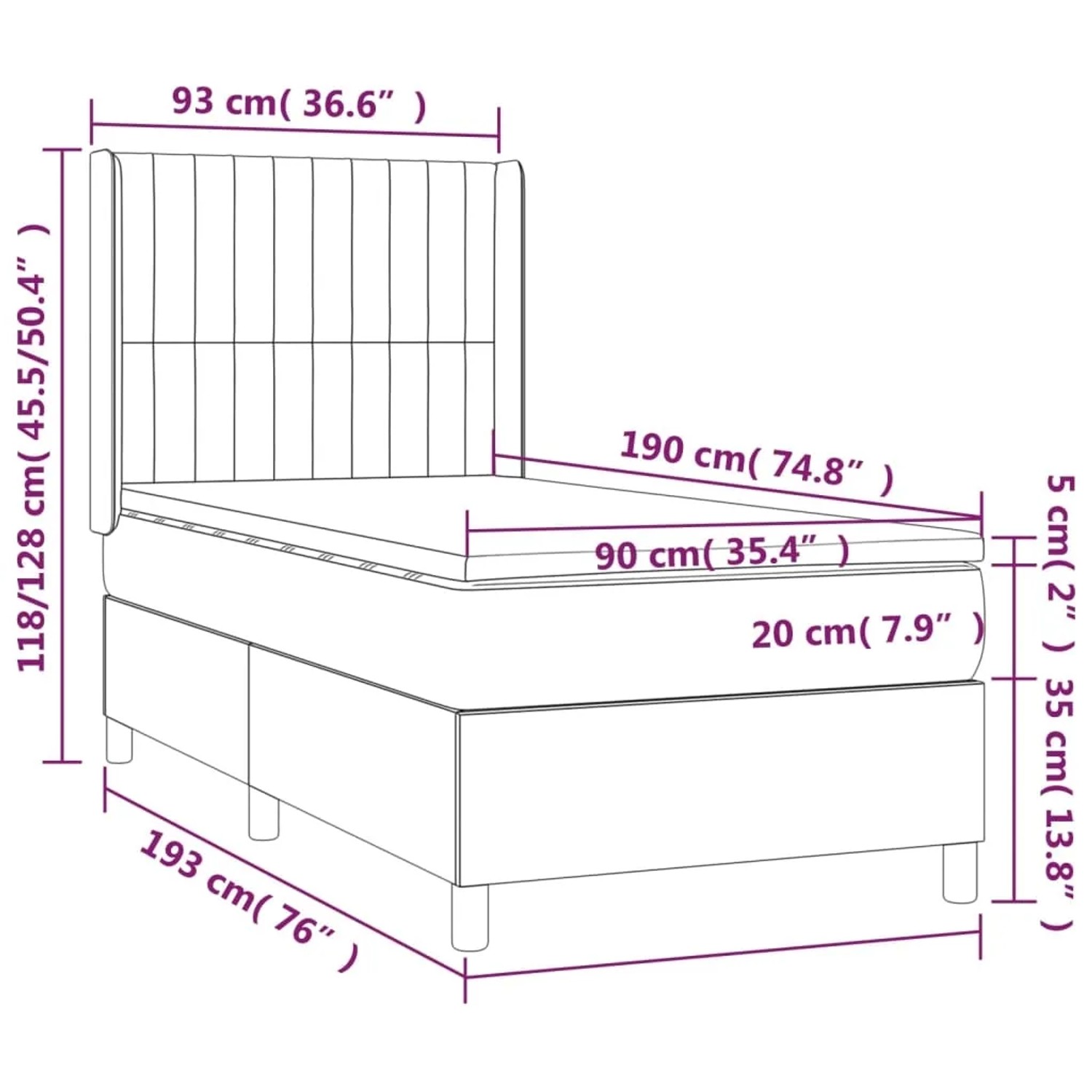 vidaXL Boxspringbett mit Matratze, schwarz, 90x190 cm, Stoff. Bett mit Kopfteil und Matratzenauflage, Größenangaben.