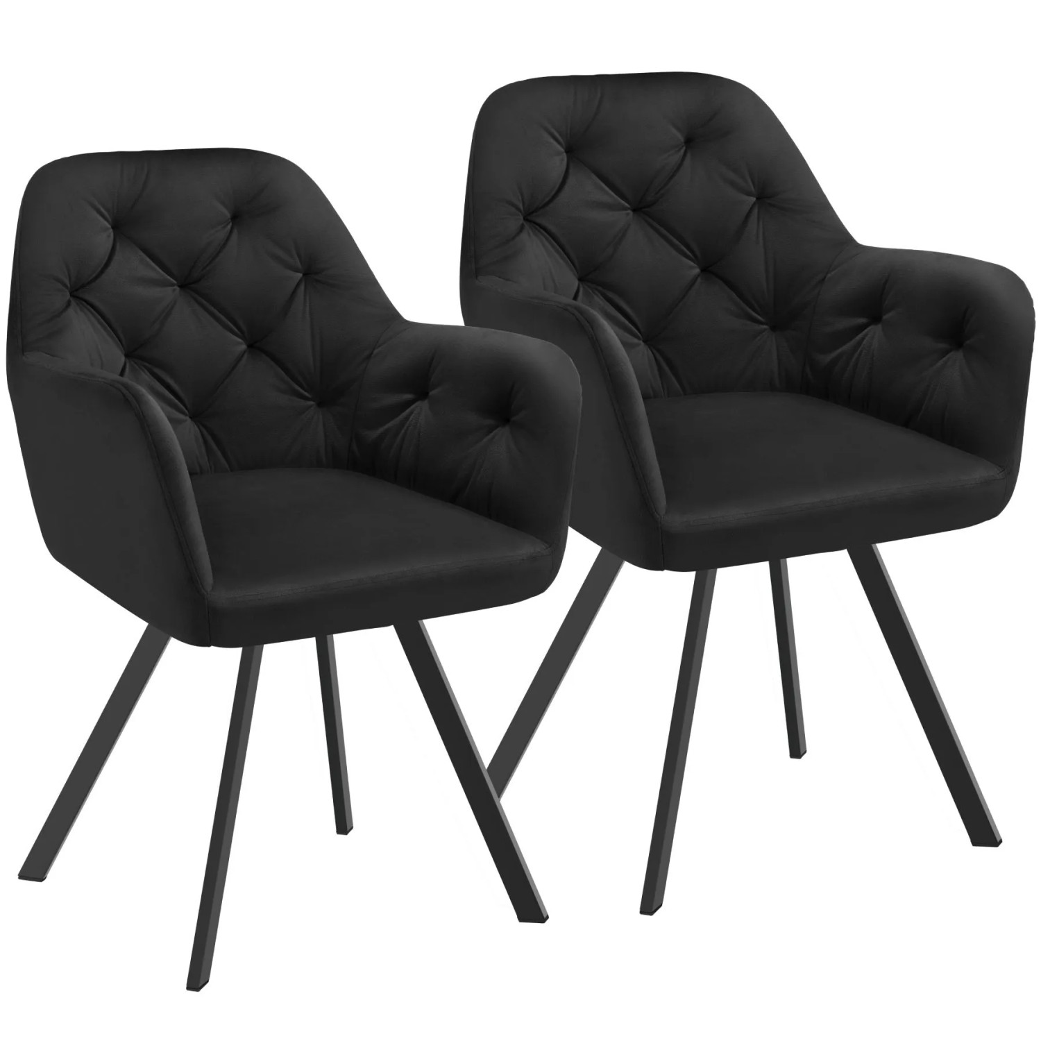 Tectake Drehbarer Samt Armlehnstuhl Lucia Gepolstert  Mit Steppmuster Mit Durchgehender Lehne 2Er Set 58 x 58 x 87 cm Schwarz