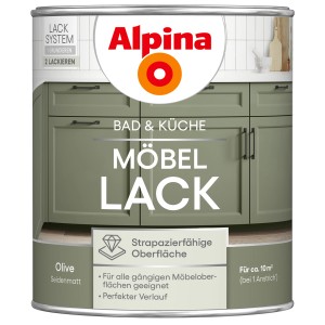 Dose Alpina Möbel-Lack Bad & Küche Olive, seidenmatt, für strapazierfähige Möbeloberflächen.