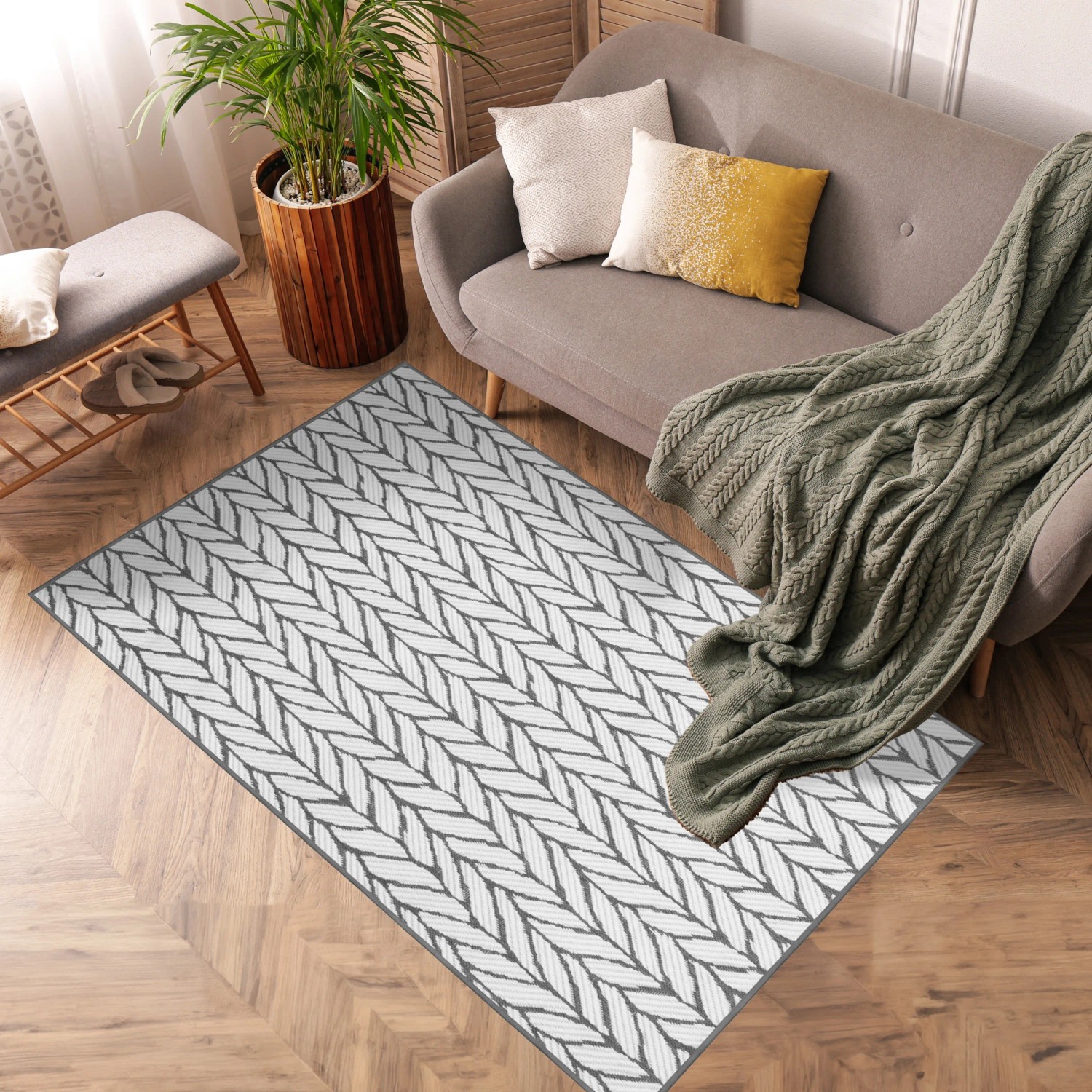 Grauer Primaflor In- & Outdoorteppich Reverso Knitted Joy, 160x220 cm, mit Zopfmuster.