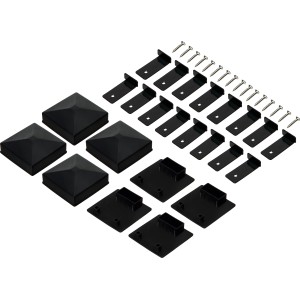 Zubehör-Set für WPC-Hochbeet: Schwarze Kunststoff-Module und Schrauben für den einfachen Aufbau.