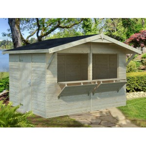 Palmako Marktstand Stella, unbehandeltes Holz mit ausklappbarer Theke im Garten.