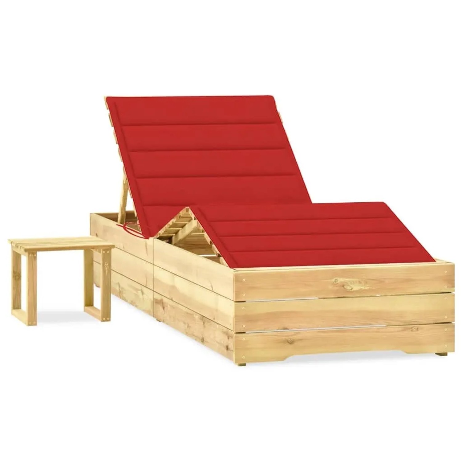 Furnicato Garten-sonnenliege Aus Imprägniertem Kiefernholz Mit Tisch Und Roter Auflage 198x90x 30-75  Cm
