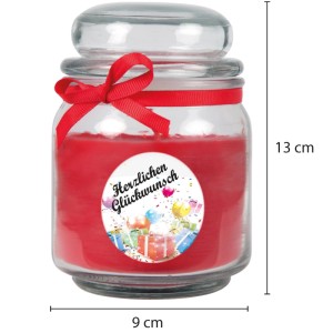 Rote HS Candle Duftkerze im Bonbonglas mit "Herzlichen Glückwunsch"-Etikett und Schleife.