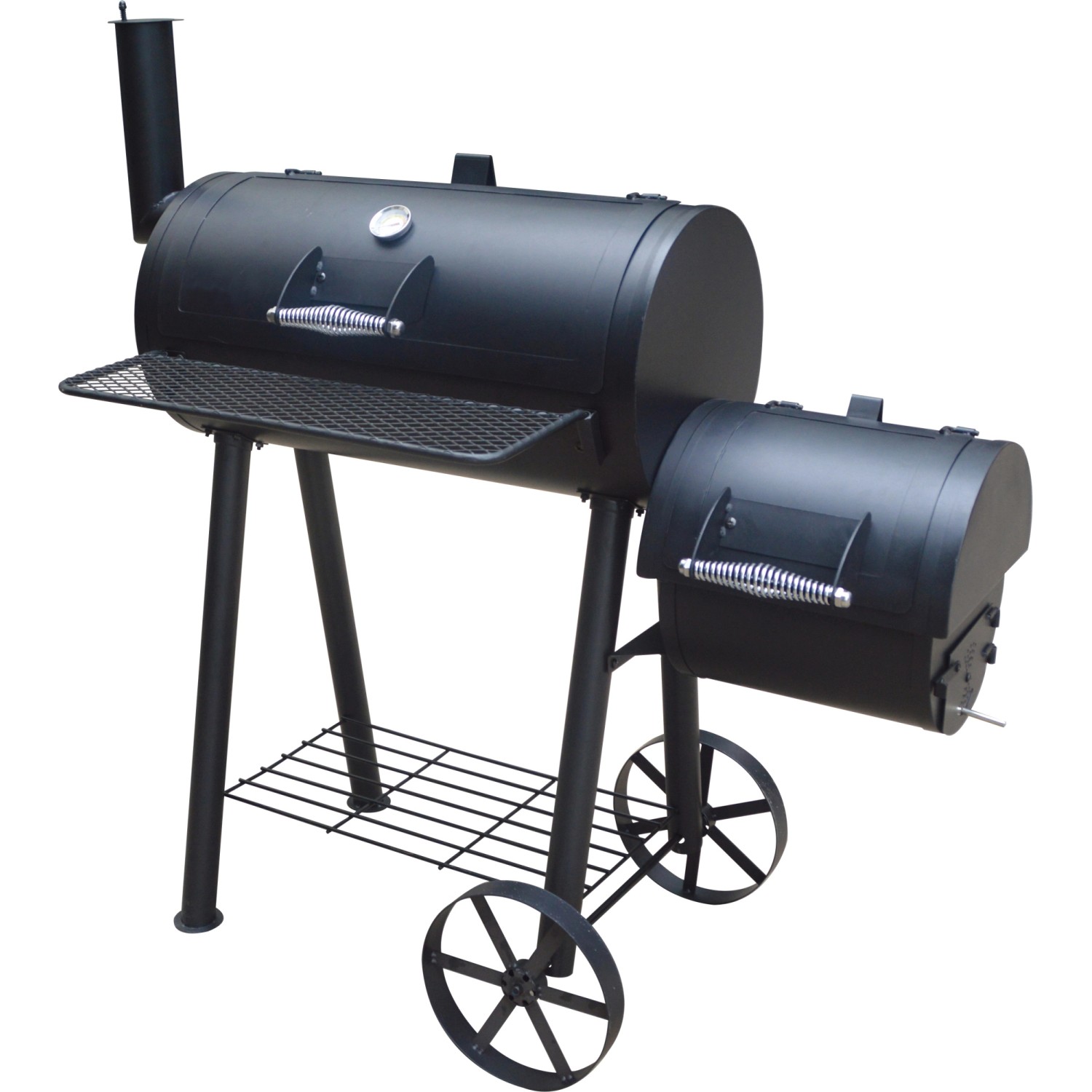 Schwarzer El Fuego Holzkohlegrill Smoker Edmonton mit Rädern, Thermometer und Ablageflächen.