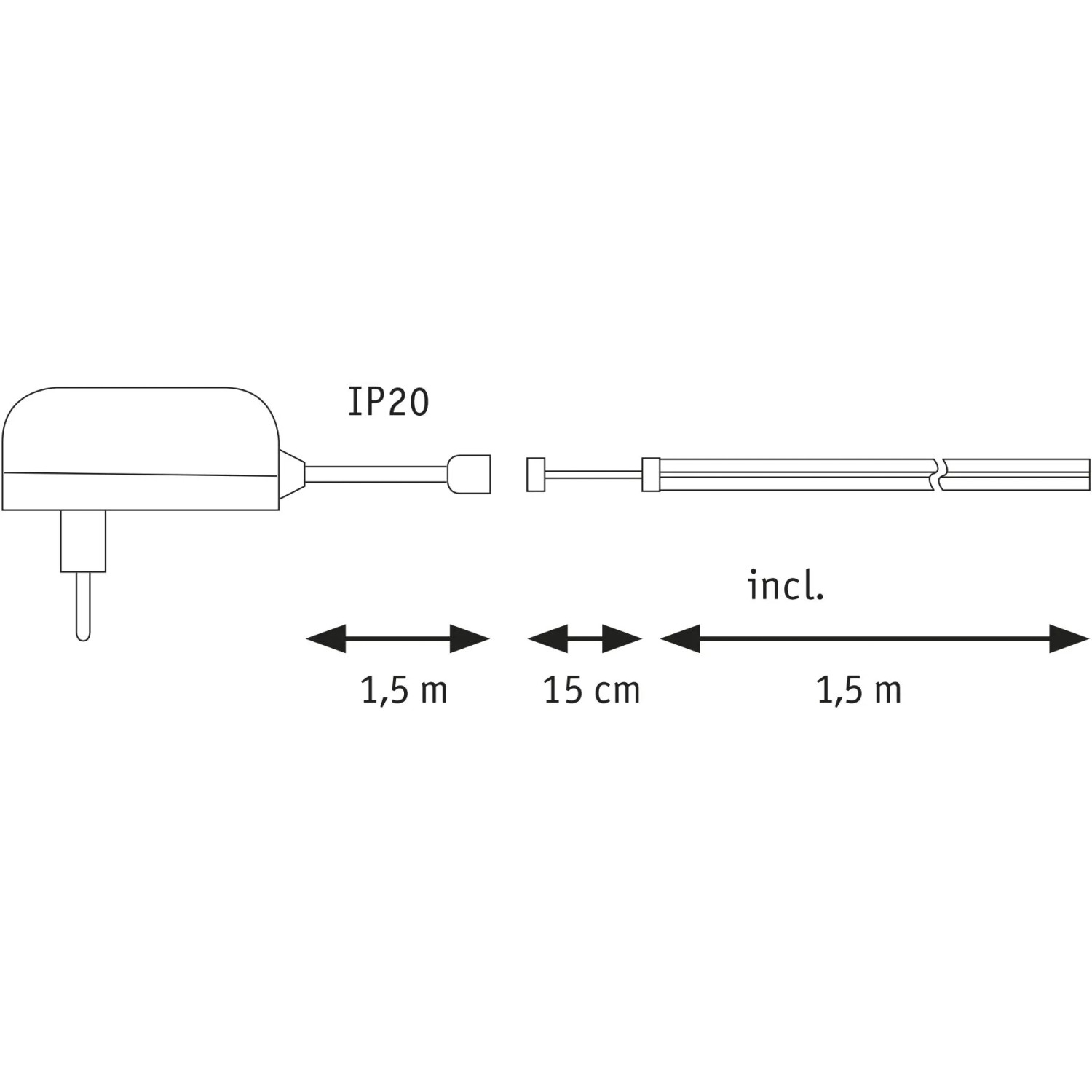 Skizze des Paulmann SimpLED LED Strip COB Komplettset 1,5m, mit Netzteil und Stecksystem.