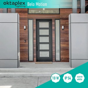 Moderne anthrazitfarbene Oktaplex Alu Außenlampe Belo mit Sensor an einer Hauswand.