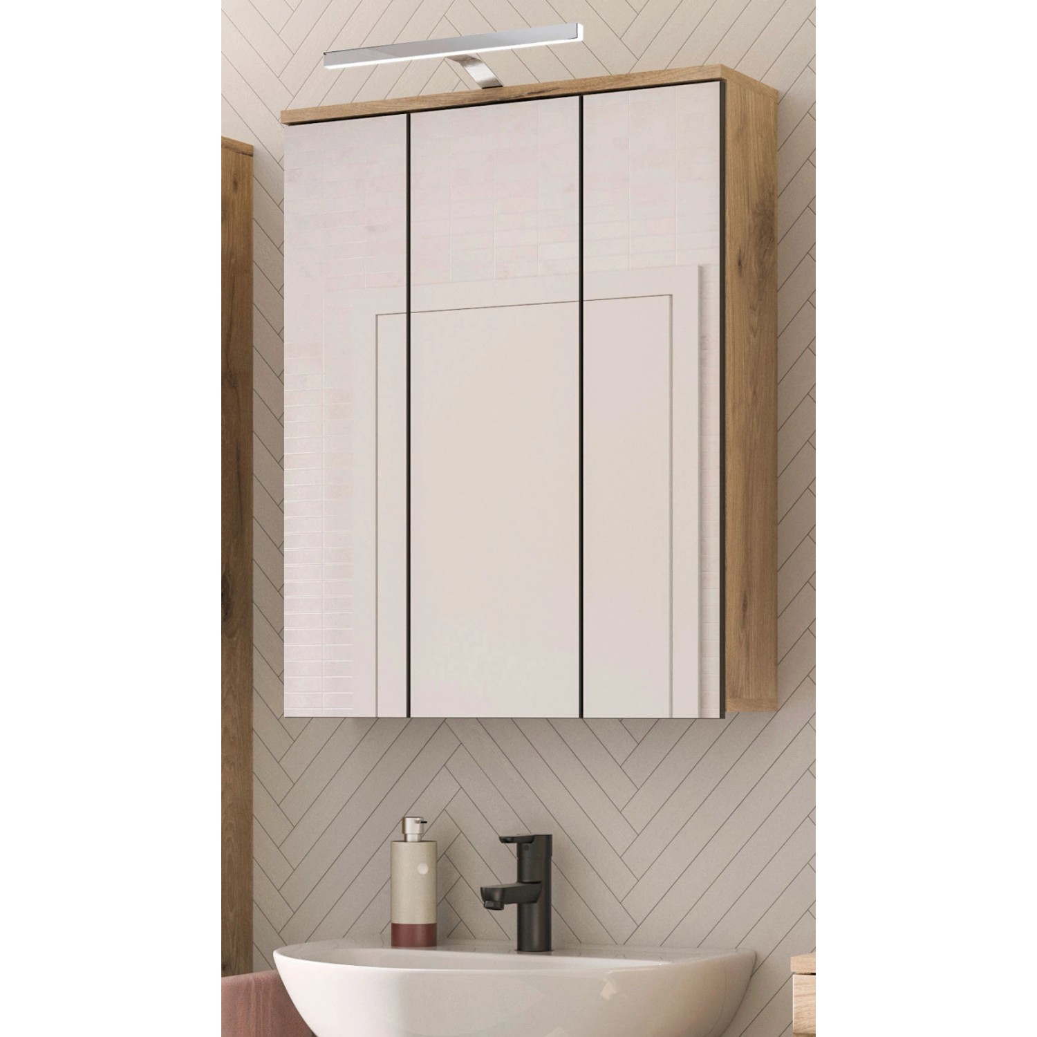 Inn.Furn Spiegelschrank Eiche 60 cm 3-türig Tomaso günstig online kaufen