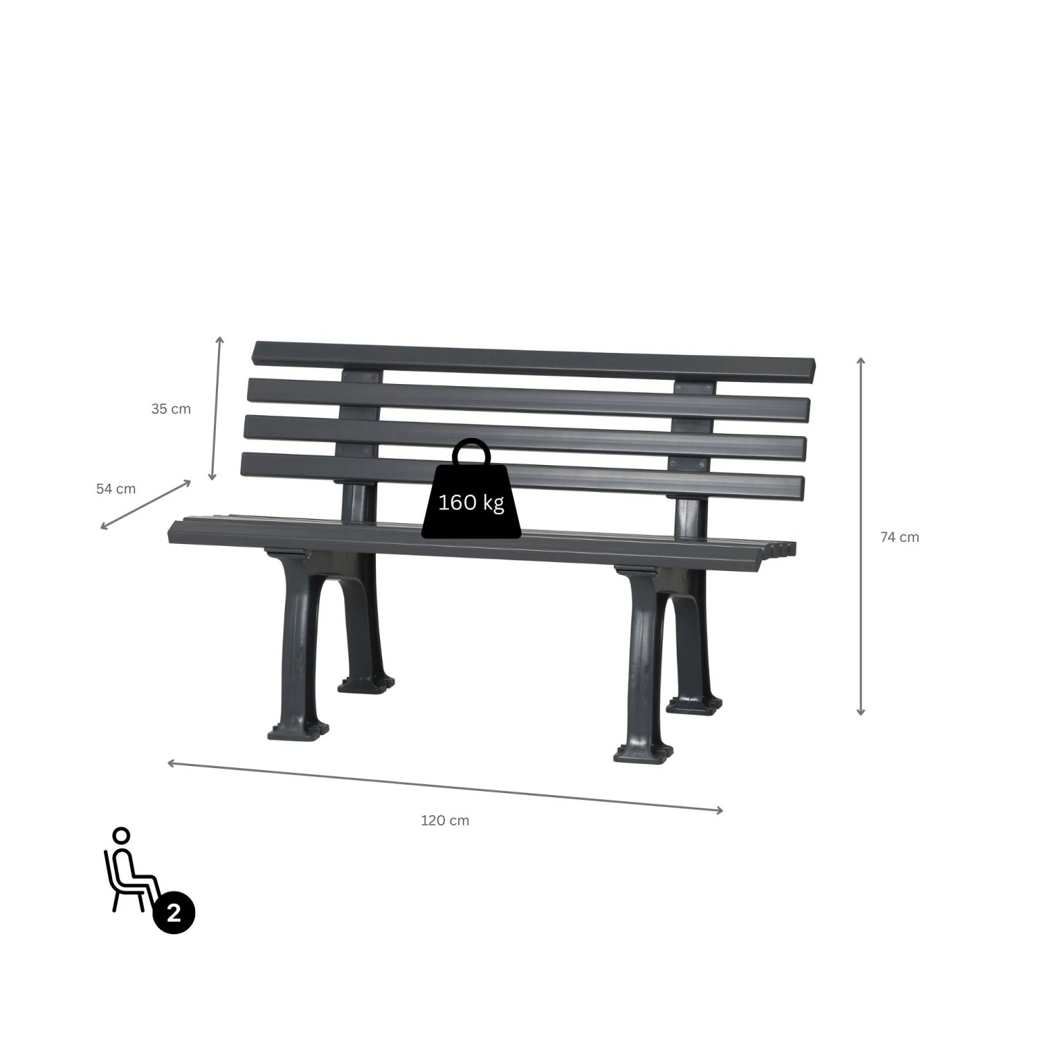 Graphitgraue 2-Sitzer Gartenbank Antigua aus Kunststoff, witterungsbeständig und UV-beständig.