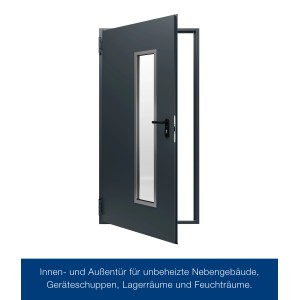 Geöffnete, anthrazitgraue Hörmann Mehrzwecktür H8-5 LA mit Glasausschnitt, links/rechts, 100x200 cm.