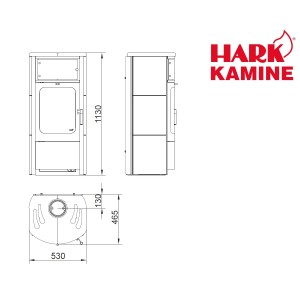 Technische Zeichnung Hark Küchenofen Naturstein 5 kW mit Maßen für Installation.
