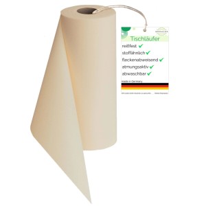 Cremefarbener Sensalux Vlies-Tischläufer (50cm x 25m) auf Rolle.