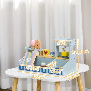 AIYAPLAY Eisdiele aus Holz, hellblau, mit Eis, Waffeln und Zubehör. Fördert spielerisch Kreativität.