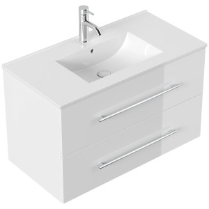 Posseik Badmöbel Homeline 90, weiß hochglanz, mit Waschbecken und zwei Schubladen.