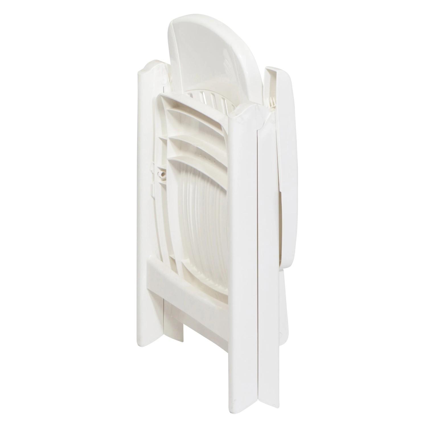 Zusammengeklappter, weißer Sieger Comtesse Klappsessel für Garten, platzsparend.