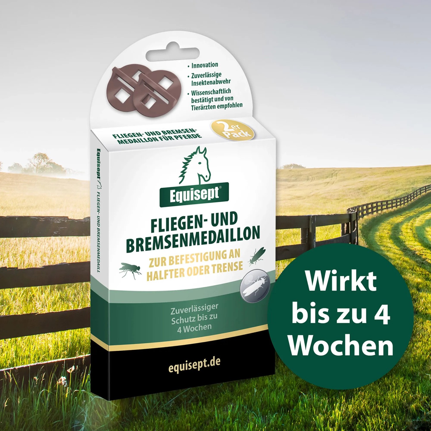 Equisept Fliegen- und Bremsenmedaillon für Pferde, 2er Pack. Insektenabwehr für Halfter/Trense.