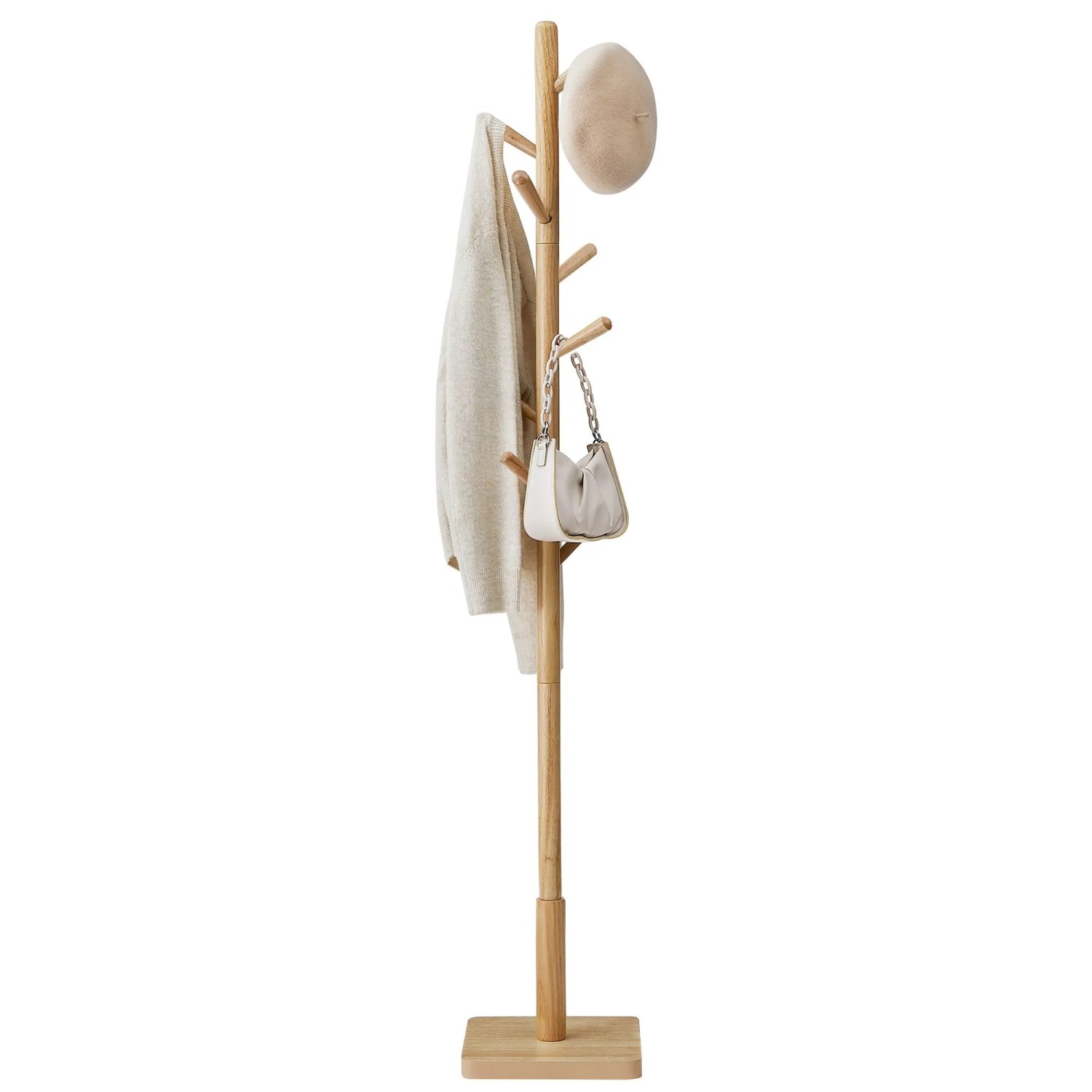 Songmics Kleiderständer Andi, Naturholz mit 8 Haken für Jacken, Hüte und Taschen.