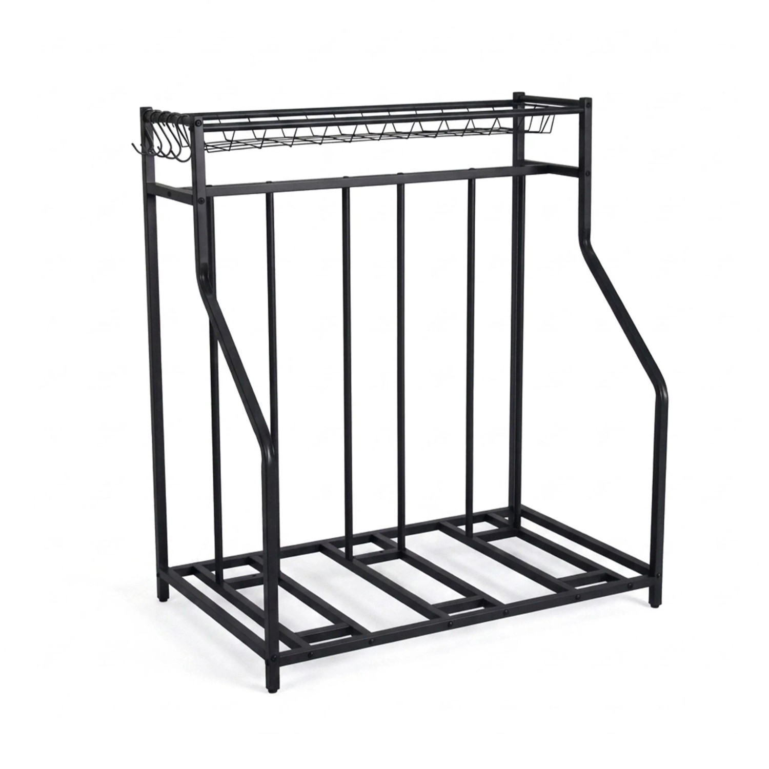 Relaxdays Fahrradständer Stahl Schwarz Freistehend Verstellbar mit Korb mit 6 Haken 103,5 cm x 91 cm x 55 cm 10,5 kg