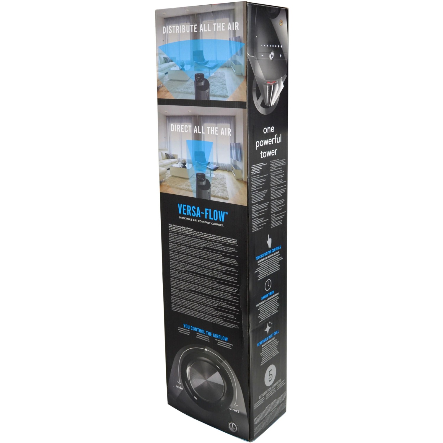 Verpackung des schwarzen Vornado Tower L Standventilators mit Produktinformationen.