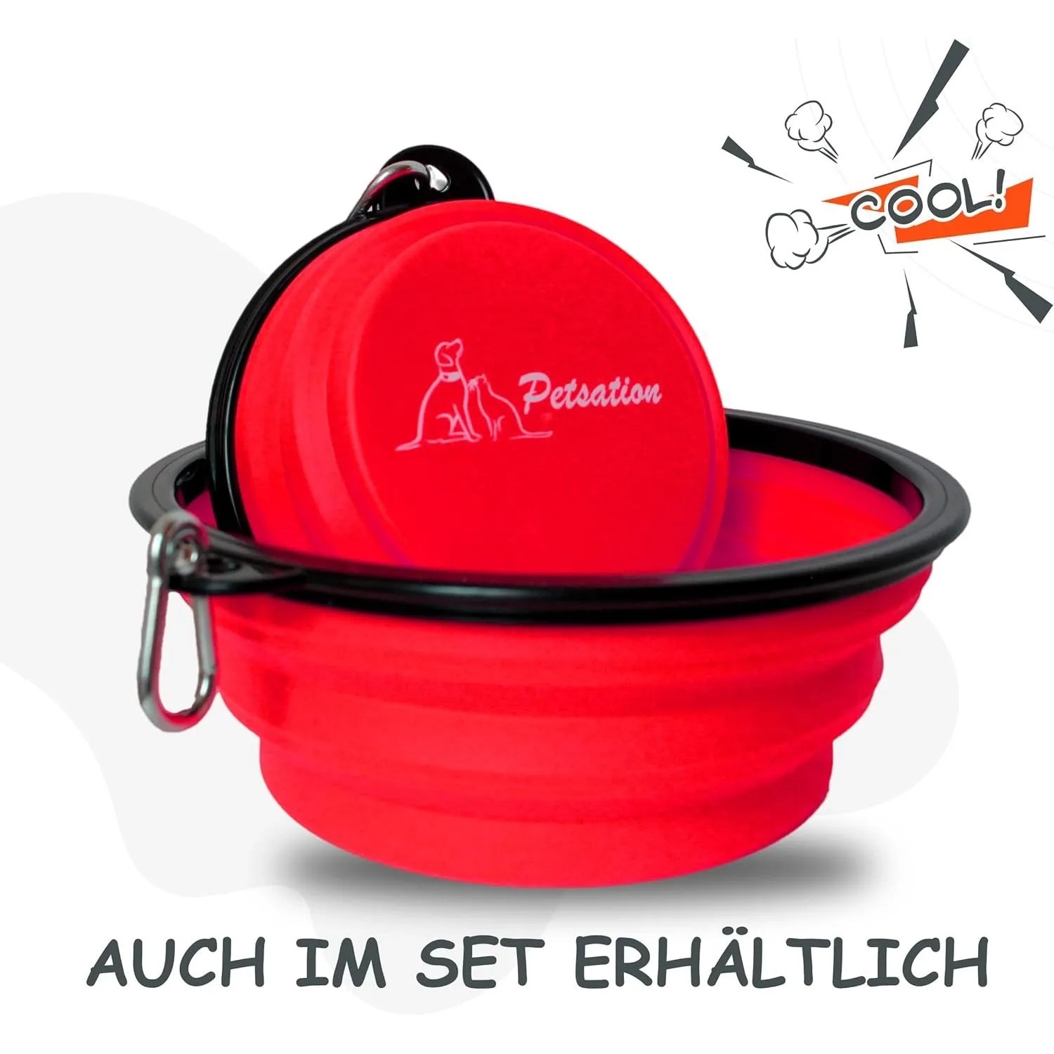 Roter, faltbarer Petsation Reisenapf (1000 ml) für Hunde mit Karabinerhaken.