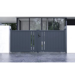 Graues Casanoov Doppelflügeltor aus Aluminium, 3 m breit und 120 cm hoch.
