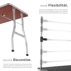 Tectake Trimmtisch Detail: Höhenverstellbarer Galgen und klappbare Beine für Hundefellpflege.