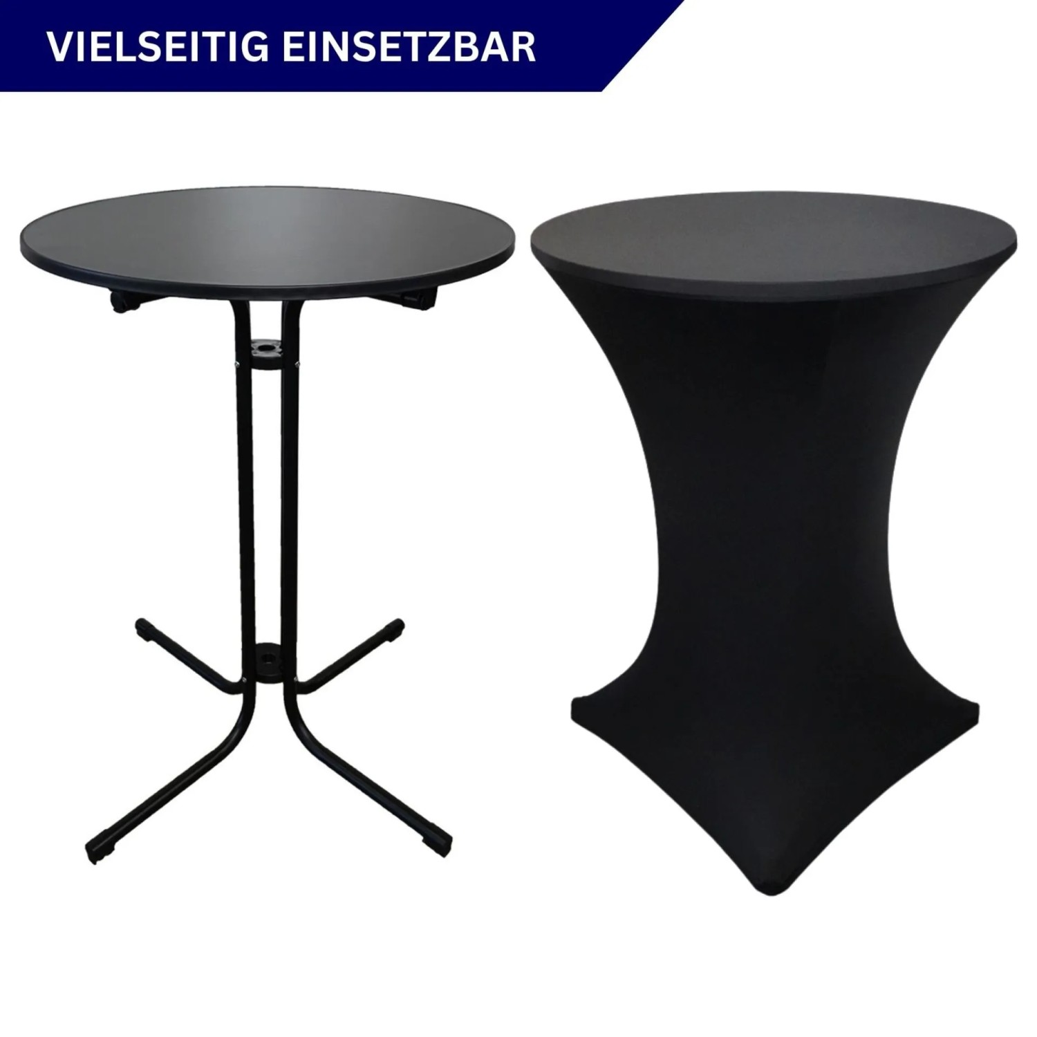 Schwarzer Chefgastro Stehtisch, klappbar, mit Husse, rund, 110x80 cm, wetterfest.