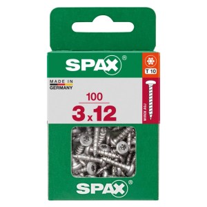 Spax Halbrundkopf Universalschrauben 3x12 mm, 100 Stk. mit T-Star plus-Antrieb in grüner Verpackung.