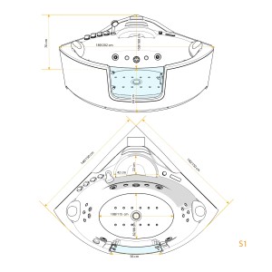 Skizze einer AcquaVapore Eck-Badewanne W60H 140x140 mit Tür, Maße und Details.
