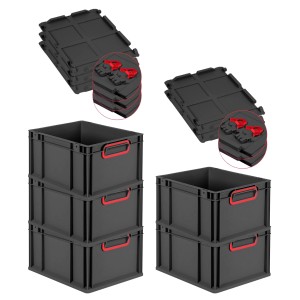 PROREGAL SuperSparSet: 5 Euroboxen mit Deckel, 20 Liter, schwarz mit roten Griffen. Aufbewahrungsboxen gestapelt.