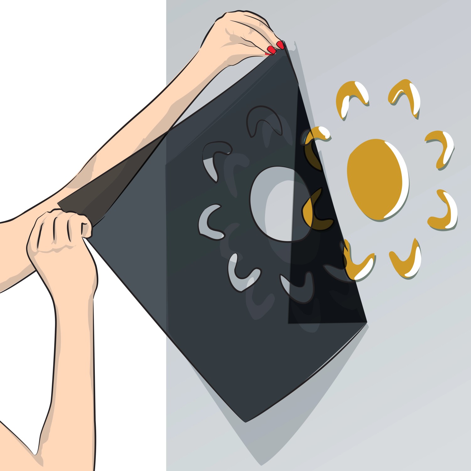 Marabu Schablone Half Moon (33x33cm) in Anwendung: Halbmond- und Sonnen-Motiv für Wandgestaltung.